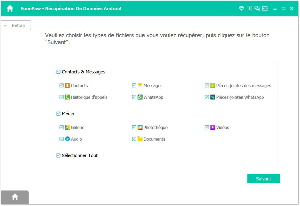 Sélectionnez le type de données que vous souhaitez sauvegarder