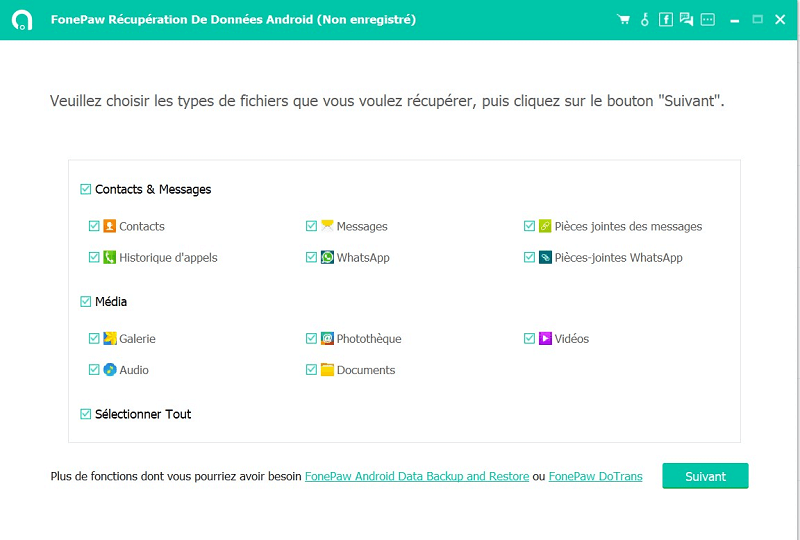 Choisissez les types de fichiers que vous voulez récupérer