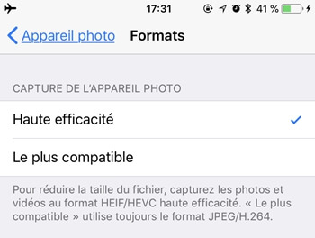 formats de l'appareil photos haute efficacite