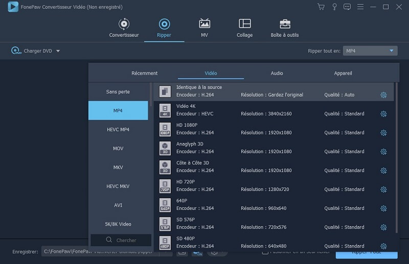 Choisir le format de vidéo de sortie dans Ripper