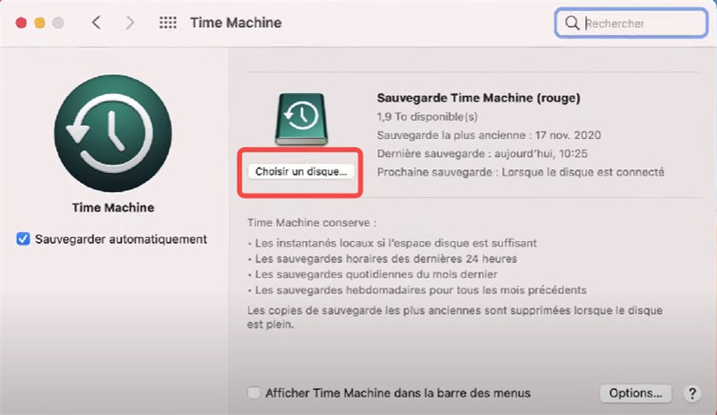 Activer la sauvegarde de Time Machine