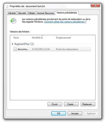 Ouvrez l'onglet « Versions précédentes ».