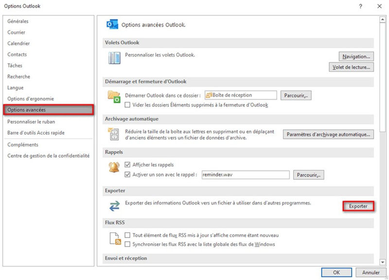 exporter les données Outlook