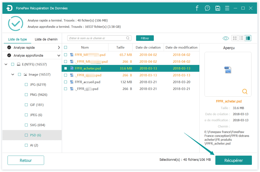 Récupération des fichiers PSD sur Windows