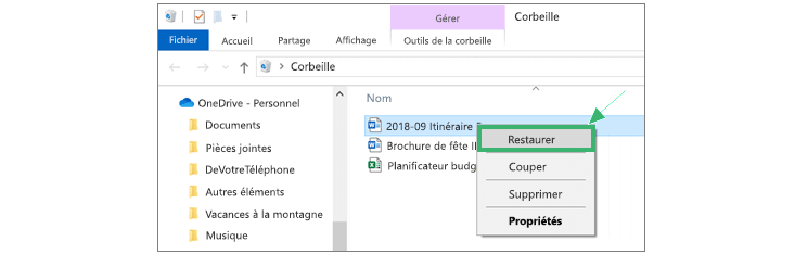 restaurer des fichiers supprimés temporairement depuis la corbeille