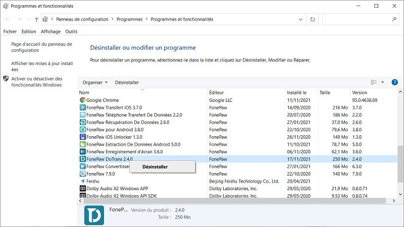 Désinstaller DoTrans dans le panneau de configuration