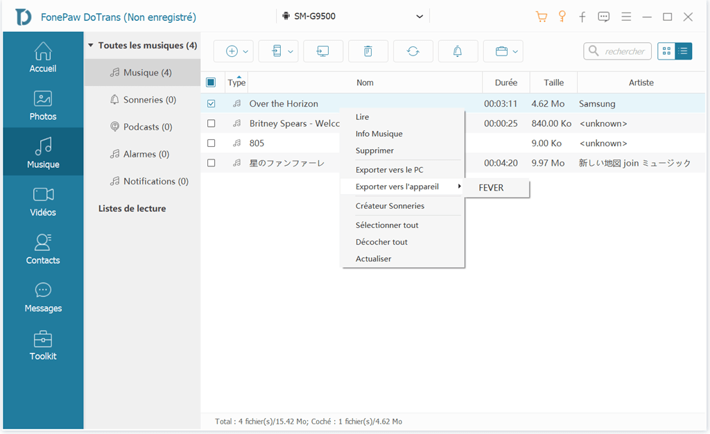 transférer musiques samgsung vers fever