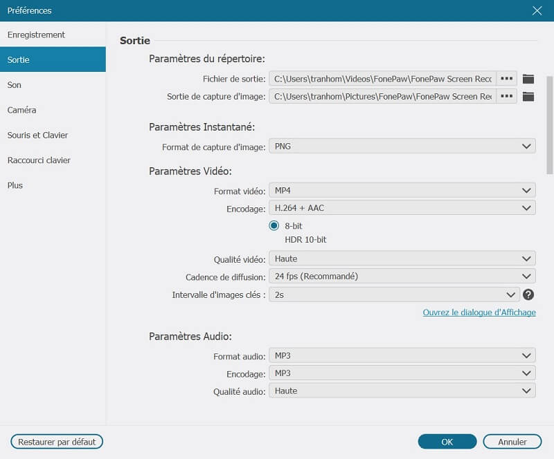 Formats de fichiers de sortie de FonePaw Enregistreur d'écran