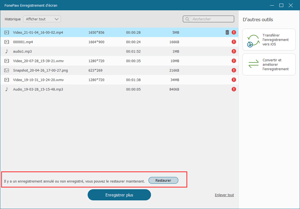 recuperer fichier depuis historique enregistrement