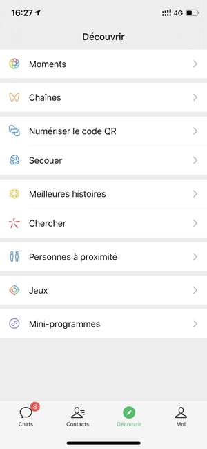 Sélectionner l'option « Moments » dans Wechat