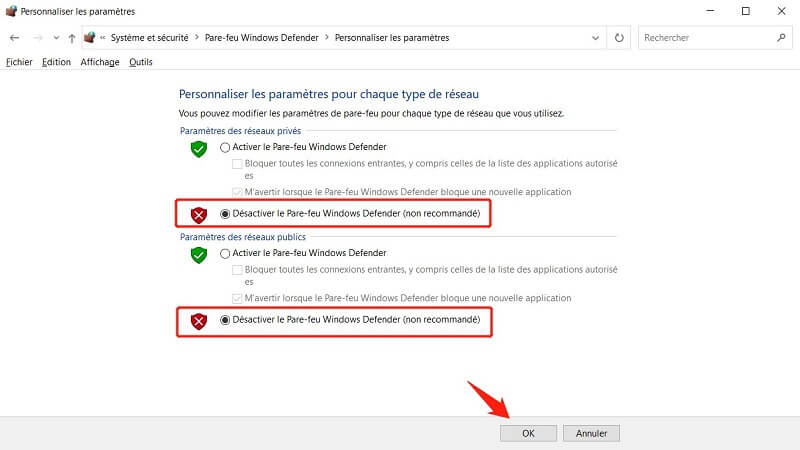 Désactiver le pare-feu Windows Defender