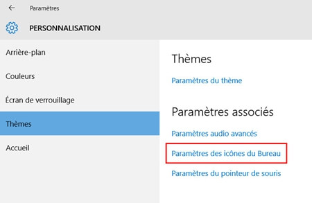 Paramètres des icônes du bureau windows