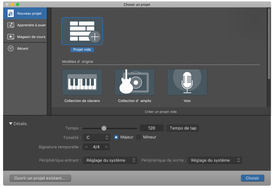 créer un projet sur GarageBand