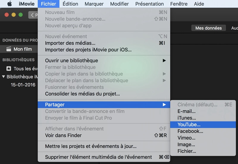 exporter un projet iMovie sur YouTube