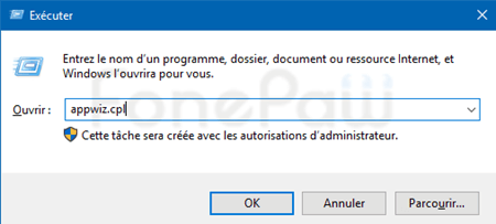 exécuter appwiz.cpl sur windows