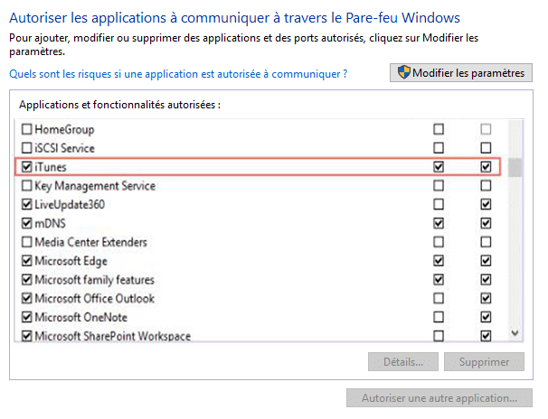 autoriser iTunes à communiquer via le Pare-feu Windows