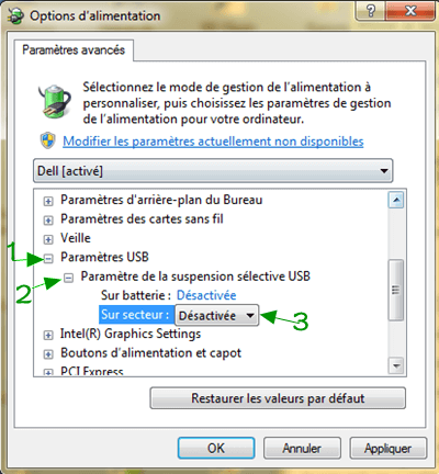 désactivez le « Paramètre de la suspension sélective USB » sur Windows