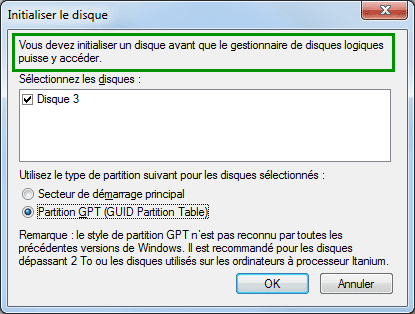 Vous devez initialiser un disque avant que le gestionnaire de disques logiques puisse y accéder.