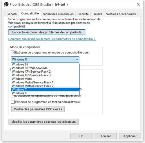 Activer le mode de compatibilité d'OBS