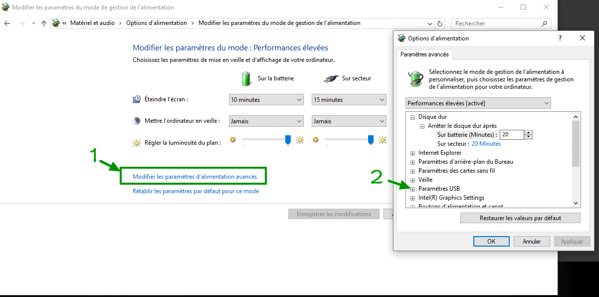 modifier les paramètres de la suspension sélective USB. sous windows