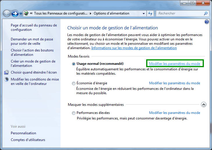 Modifier les paramètres du mode sous windows