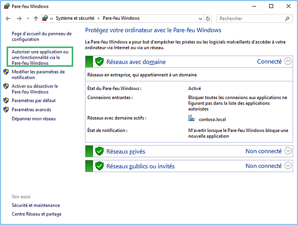 Autoriser une application ou une fonctionnalité via le Pare-feu Windows