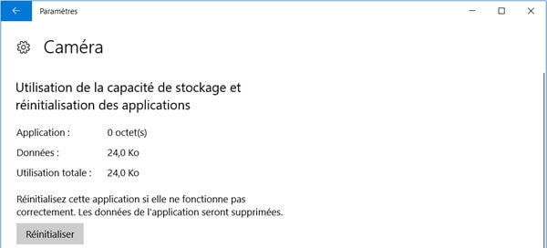 Réinitialiser l'application de caméra sur Windows 10