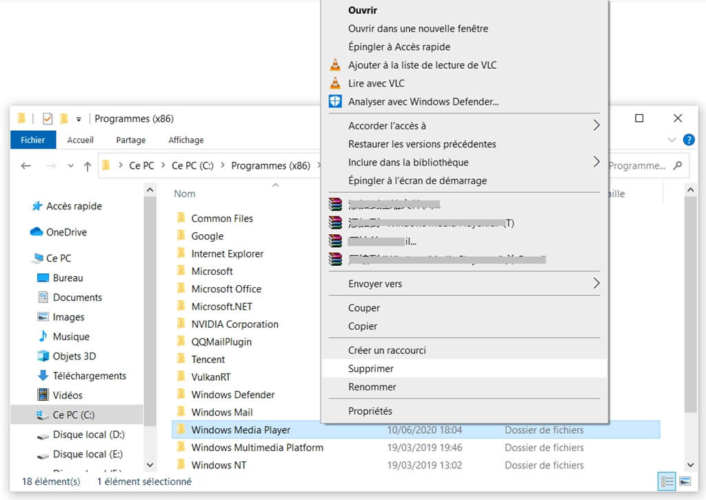 Supprimer le dossier de Windows Media Player