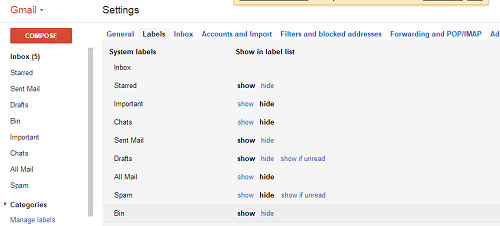 Gmail Settings Show Bin