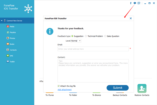 Run iOS Transfer and Submit the Log File