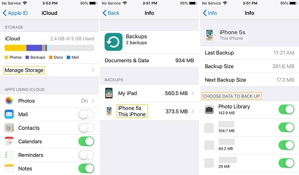 Scegli Dati di cui eseguire il backup su iCloud