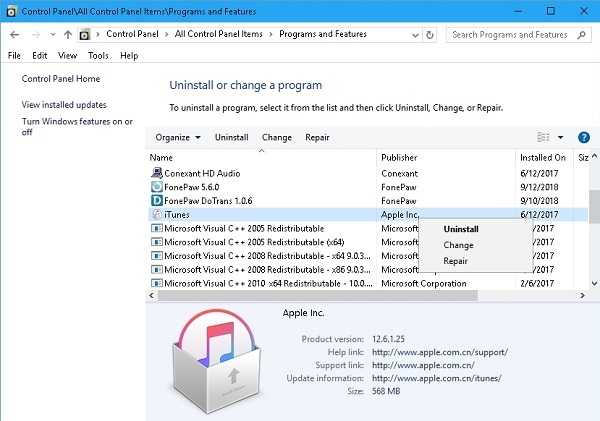 Disinstalla iTunes e i relativi componenti software