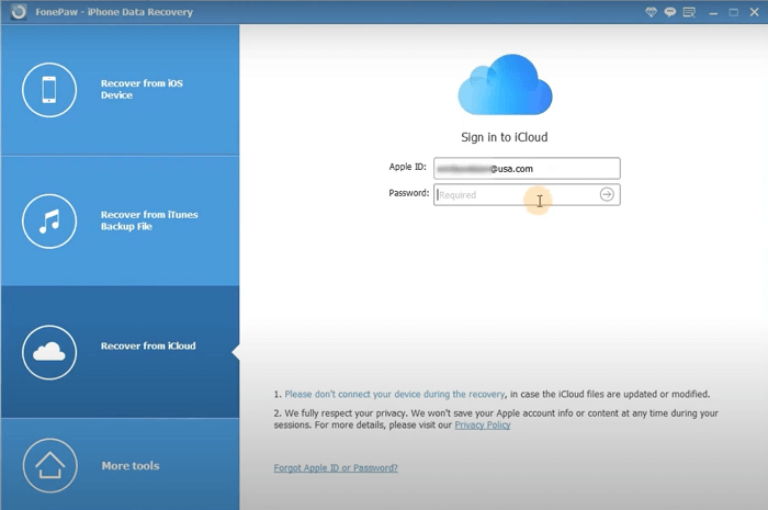 Log in to iCloud Account via FonePaw iPhone Data Recovery