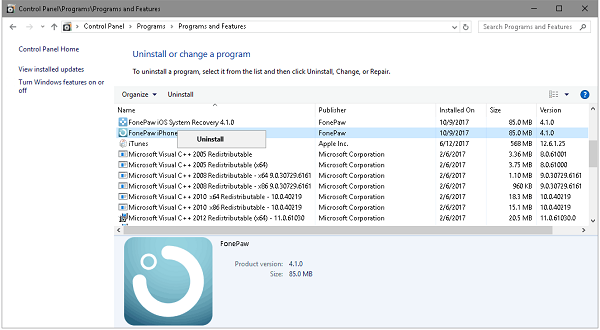 Uninstall FonePaw iPhone Data Recovery