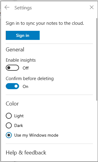 Settings of Sticky Notes