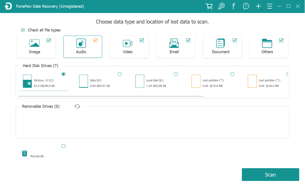 Interface do FonePaw Recuperação de Dados