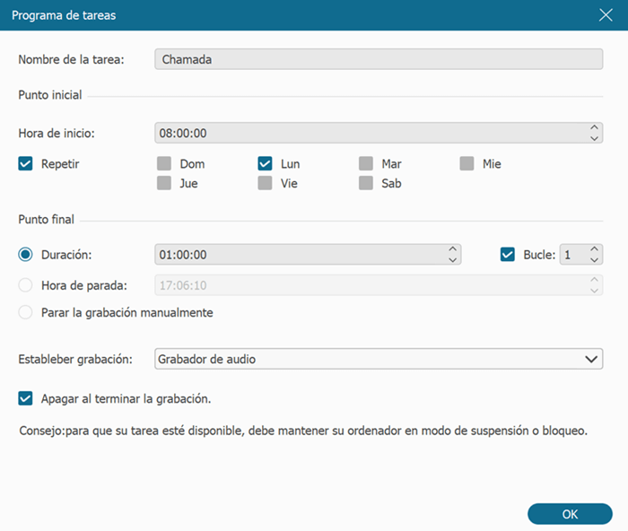 predefinir a tarefa de gravação