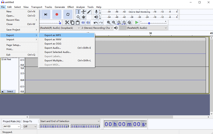 Esporta file Audacity