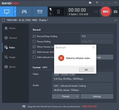 Bandicam Failed to Initialize Codec