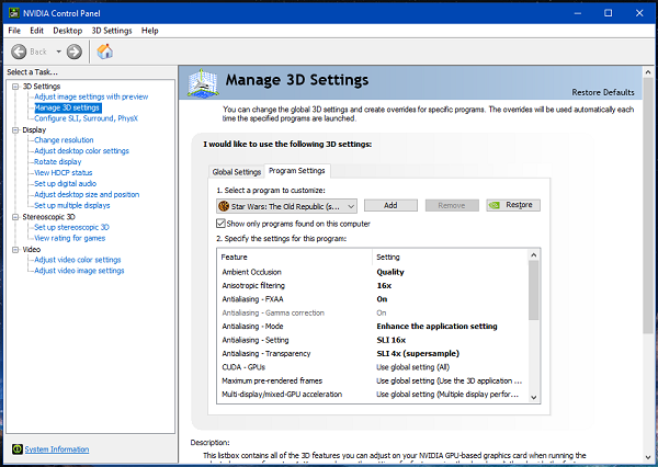 NVIDIA Control Panel 3D Manage