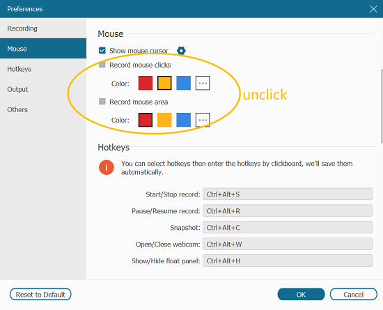 Deseleziona la registrazione dell'area del mouse e i clic del mouse