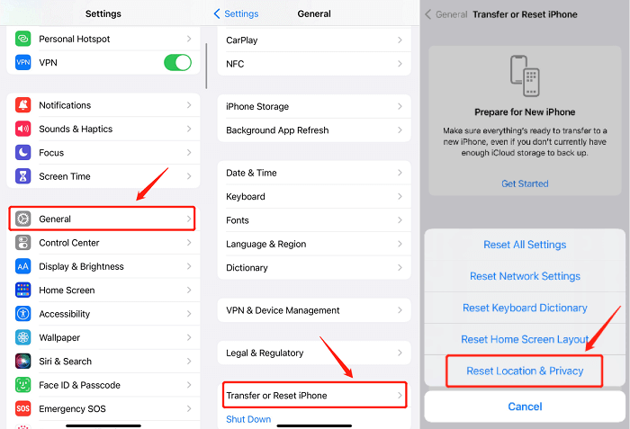 Reset Location and Privacy Settings