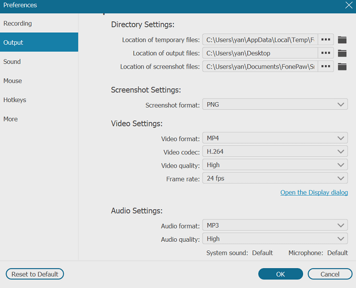 Impostazioni di uscita sul registratore