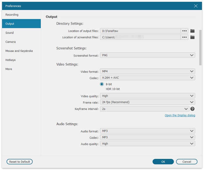 Configurações de saída