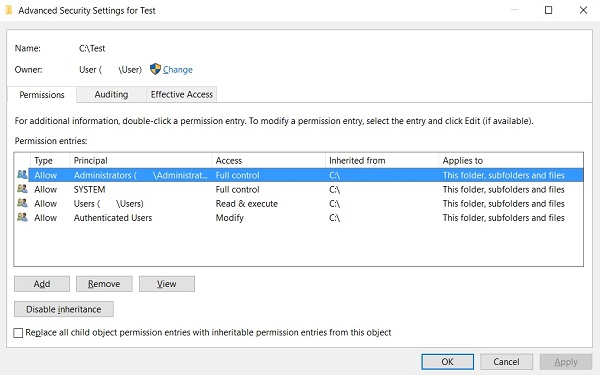 Advanced Security Settings on Windows