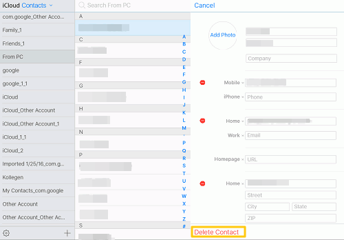 iCloud Edit/Delete Contacts