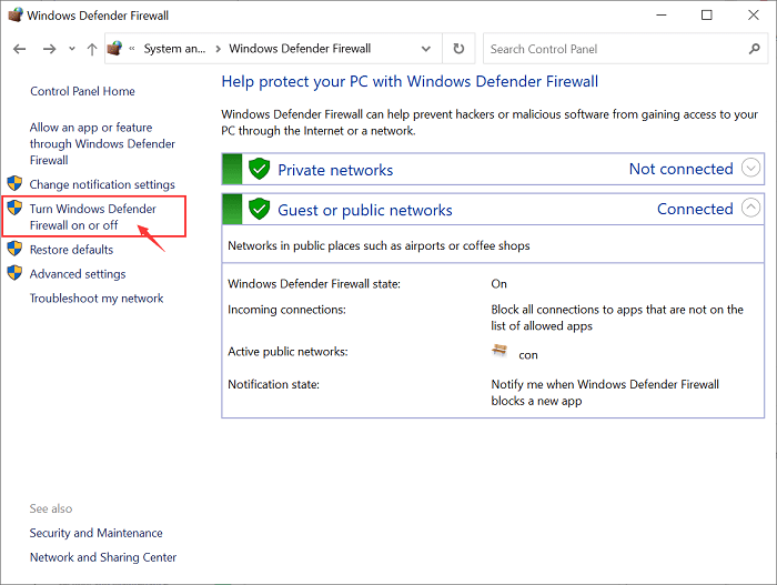 Turn Windows Defender Firewall on or off