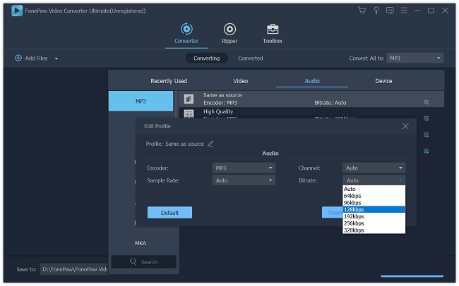 Change Audio Bitrate on Program