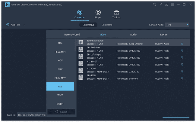 Set AVI as Output Video Format