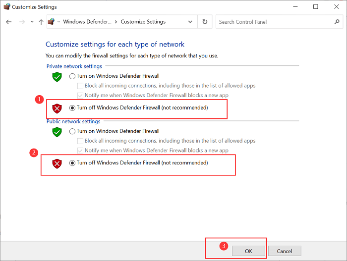 Windows Defender Firewall Customize Settings